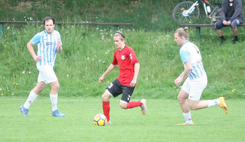 Fotbalisté Příluk (v červeném) v rámci I. B třídy skupiny A pokračují v jarní spanilé jízdě, v nedělním duelu 21. kola doma porazili 2:0 Poličnou.