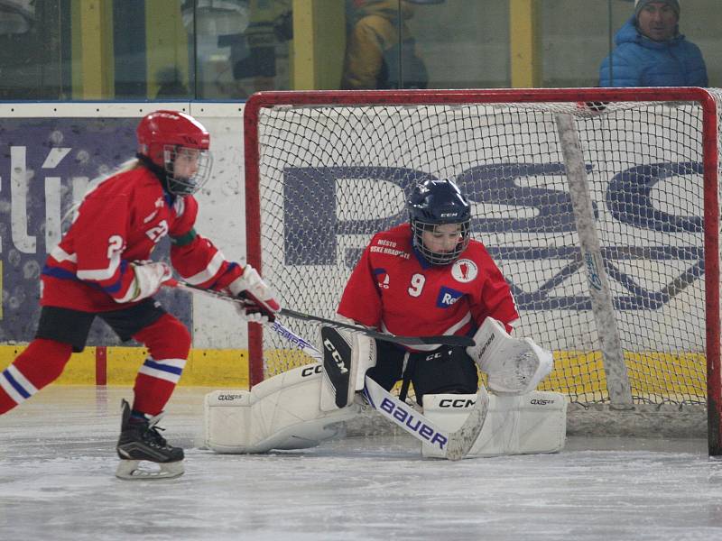 Mladí hokejoví Berani Zlín (v modrém) v duelu hráčů ročníku narození 2014 změřili v sobotu síly s Uherským Hradištěm.