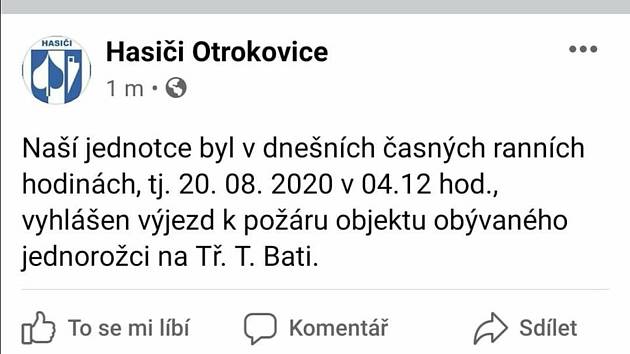 Hasiči sdíleli na svém Facebooku informaci o výjezdu