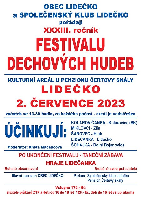 Plakát 33. ročníku Festivalu dechových hudeb v Lidečku, který se koná v neděli 2. července 2023 u Penzionu Čertovy skály