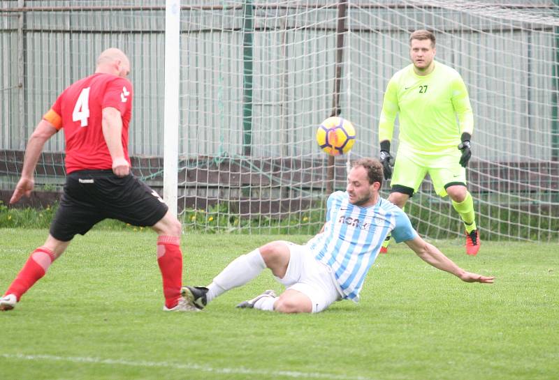 Fotbalisté Příluk (v červeném) v rámci I. B třídy skupiny A pokračují v jarní spanilé jízdě, v nedělním duelu 21. kola doma porazili 2:0 Poličnou.