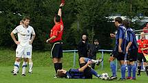 Fotbalisté Slavičína (v modrém) senzačně vyřadili z Ondrášovka Cupu prvoligový Baník Ostrava. V normální hrací době skončil zápas 2. kola bez branek, na penalty vyhrál domácí účastník MSFL 5:4.