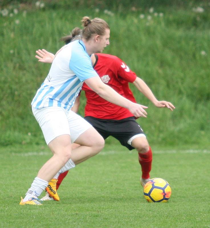 Fotbalisté Příluk (v červeném) v rámci I. B třídy skupiny A pokračují v jarní spanilé jízdě, v nedělním duelu 21. kola doma porazili 2:0 Poličnou.