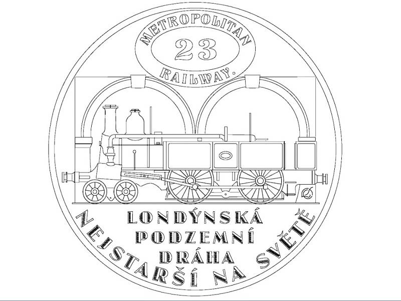 Jedna z medailí připomene i 150. výročí zahájení provozu první podzemní dráhy, kterou byla londýnská Metropolitan railway. Kresebný návrh zpracoval výtvarník Luboš Charvát.