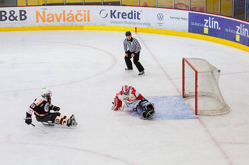 Zlínští sledge (tmavé dresy) hokejisté zakončili letošní ligovou sezonu ziskem bronzových medailí.