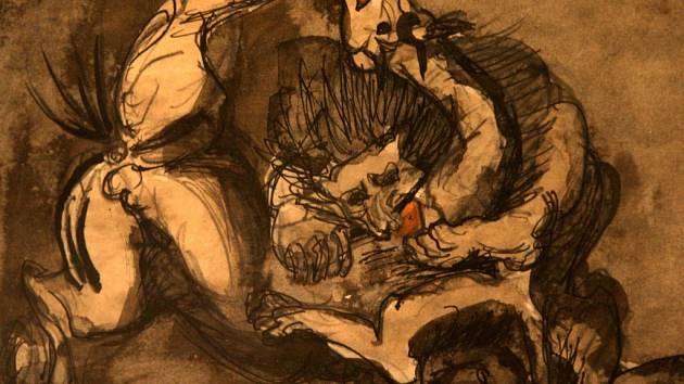 Výstava Špála Čapek Filla Kupka v krajské galerii výtvarného umění ve Zlíně. Emil Filla - Zápas koně se lvem, 1939 tuš, akvarel, tužka papír
