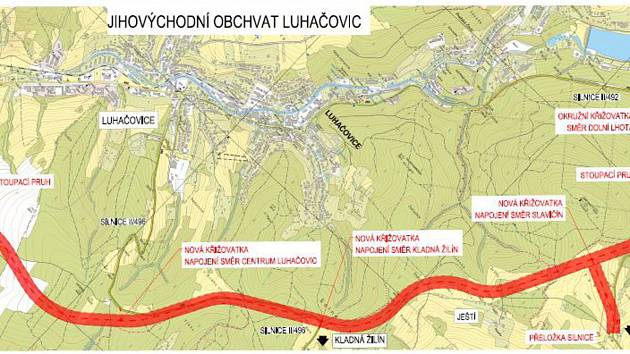Trasa plánovaného obchvatu Luhačovic.