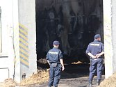 Policisté v areálu statku v Tlumačově, kde hořelo v sobotu seno v hale. Příčiny požáru stále vyšetřují.