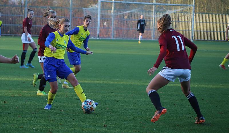 Fotbalistky Zlína (žluté dresy) v posledním podzimním zápase druhé ligy žen prohrály na Vršavě se Spartou Praha B 1:4 a přezimují poslední.