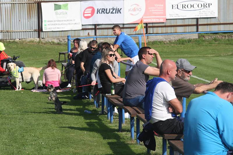 Fotbalisté Tlumačova (modré dresy) v rámci oslav výročí devadesáti let kopané v obci porazili Zdounky 2:0.