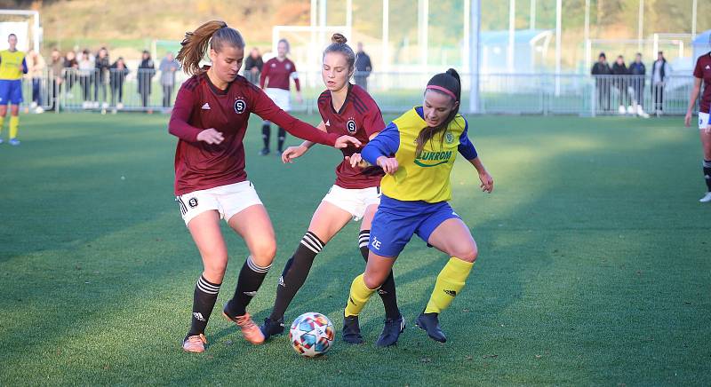 Fotbalistky Zlína (žluté dresy) v posledním podzimním zápase druhé ligy žen prohrály na Vršavě se Spartou Praha B 1:4 a přezimují poslední.