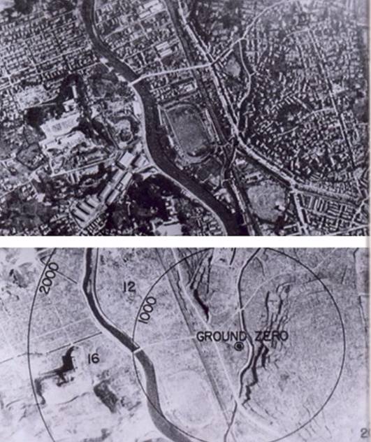 Nagasaki před a po bombovém útoku.