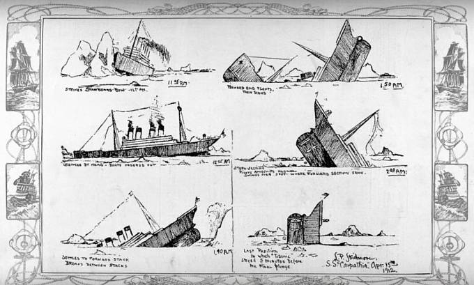 Kresba Johna B. Thayera, která byla nalezena na lodi Carpathia. Zaznamenal průběh potopení Titanicu.