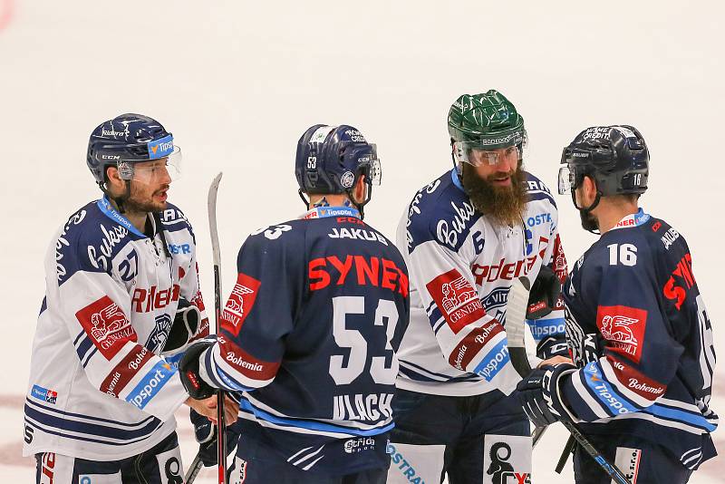 Utkání 3. kola hokejové extraligy: HC Vítkovice Ridera - Bílí Tygři Liberec, 20. září 2019 v Ostravě. Zleva Rastislav Dej z Vítkovic, Jaroslav Vlach z Liberce, Jan Výtisk z Vítkovic a Michal Birner z Liberce.