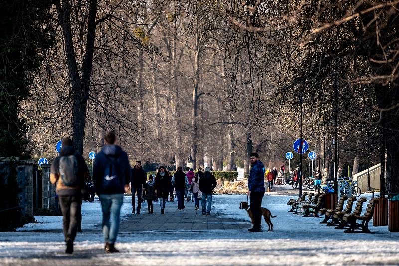 Lidé využili slunečného počasí k trávení času v Komenského sadech a okolí. 21. února 2021 v Ostravě.