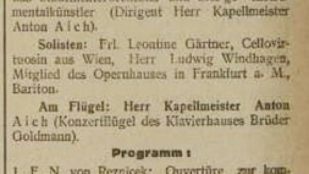 Sken z novin Ostrauer Zeitung: Tagblatt, 12. 3. 1916, pozvánka na koncert.