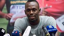 Usain Bolt na tiskové konferenci v Ostravě.