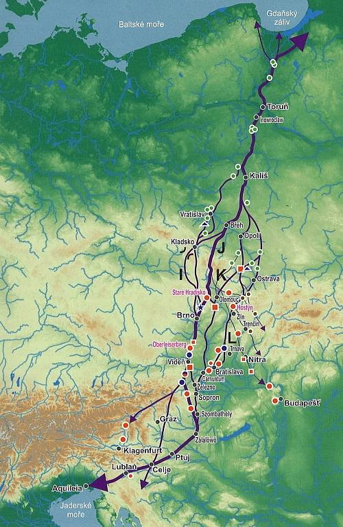 Jantarová stezka mapa – zaalpská trasa přes Moravu do Polska k Baltu.