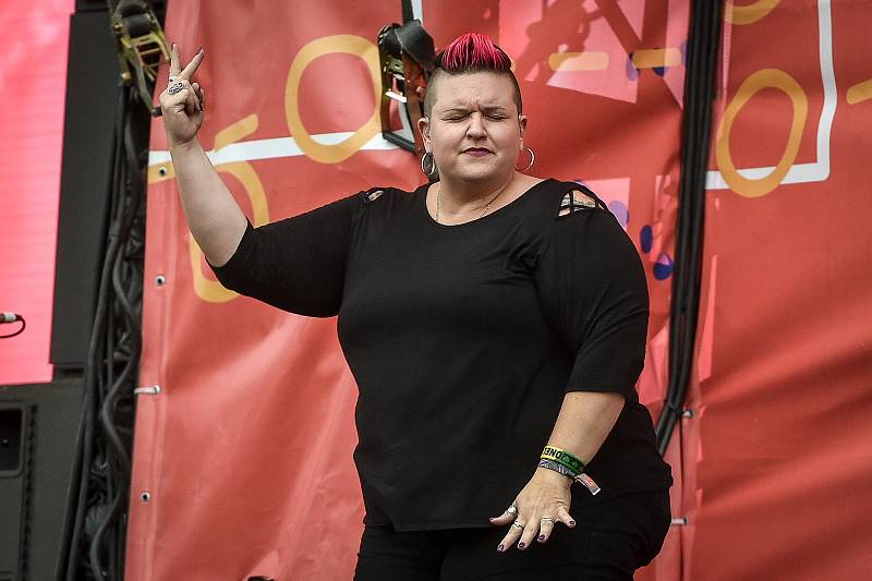 Hudební festival Colours of Ostrava 2018 v Dolní oblasti Vítkovice, 19. července 2018 v Ostravě. Na snímku Amber Galloway Gallego (USA) - tlumočnice hudebních koncertů do znakového jazyka.