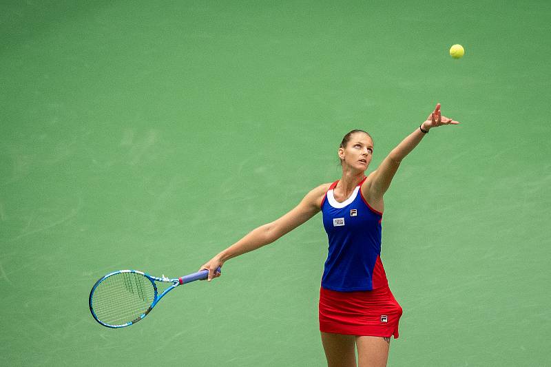1. kolo tenisového Fed Cupu: Česká Republika - Rumunsko, 10. února 2019 v Ostravě. Zápas mezi Karolinou Plíškovou (na snímku) a Simonou Halepovou.
