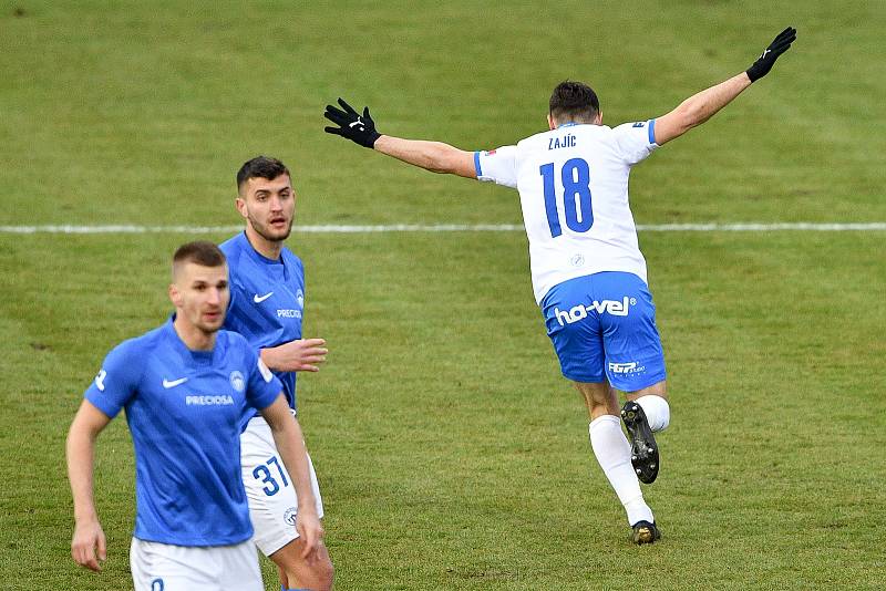 Utkání 9. kola první fotbalové ligy: Baník Ostrava - Slovan Liberec, 27. ledna 2021 v Ostravě. (vpravo) radost Tomáš Zajíc z Ostravy.