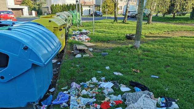 Svinčík okolo popelnic v Sadu Družby v Ostravě-Zábřehu kdosi zatím neznámý dělává často a dá se říci, že také s gustem. Ostrava, květen 2021.