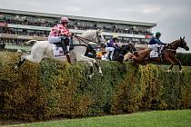 Sexy Lord s Jaroslavem Myškou (vpravo) letí přes Velký Taxisův příkop ve Velké pardubické se Slavia pojišťovnou 2025