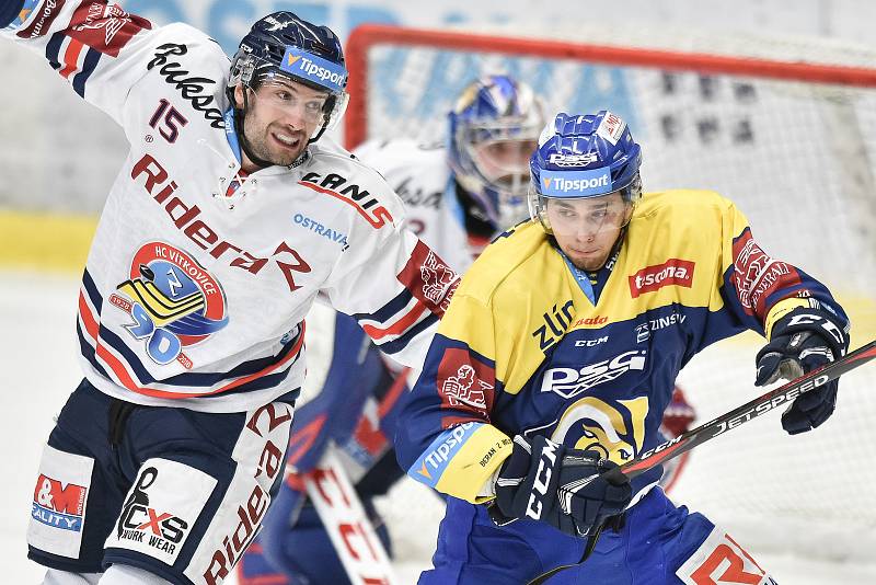 Utkání 32. kola hokejové extraligy: HC Vítkovice Ridera - PSG Berani Zlín, 4. ledna 2019 v Ostravě. Na snímku (zleva) Blaž Gregorcs a Fryšara Štěpán.