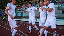 FC Baník Ostrava - 1.SC Znojmo. Radost, gól.Zleva Petr Breda, Robert Hrubý, Denis Granečný, Marek Hlinka