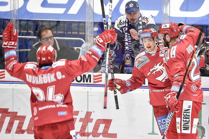 Utkání 7. kola hokejové extraligy: HC Vítkovice Ridera - HC Oceláři Třinec, 3. října 2019 v Ostravě. Na snímku (zleva) radost Ondřej Kovařčík, Michal Kovařčík a Vladimír Roth.