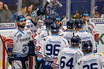 Utkání čtvrtfinále play off hokejové extraligy - 1. zápas: HC Vítkovice Ridera - HC Kometa Brno, 17.března 2023, Ostrava. Brankář Vítkovic Aleš Stezka, Mario Grman z Vítkovic, Richard Jarůšek z Vítkovic, Patrik Koch z Vítkovic.