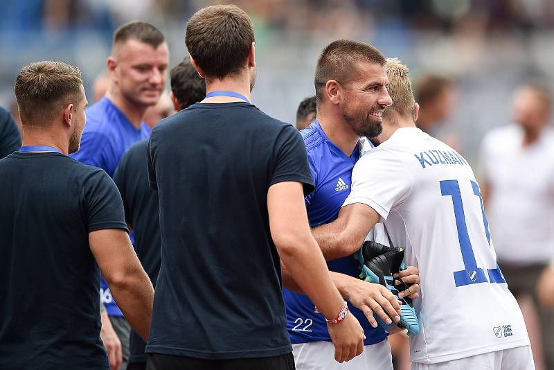 Utkání 5. kola první fotbalové ligy: FC Baník Ostrava - Bohemians 1905 , 10. srpna 2019 v Ostravě. Na snímku (zleva) Milan Baroš a Nemanja Kuzmanovič.