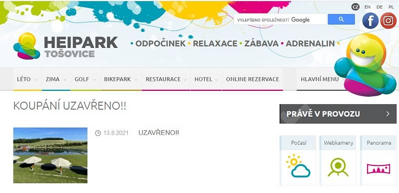 Oznámení o uzavření koupaliště na webu HEIparku Tošovice..