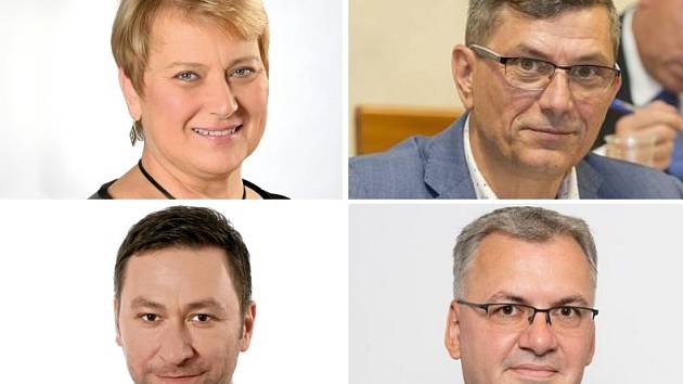 Senátorské volby 2022 v Ostravě, kandidáti Liana Janáčková, Zdeněk Nytra (vpravo nahoře), Patrik Hujdus (vlevo dole) a Peter Harvánek.