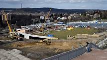 Přestavba fotbalového stadionu Bazaly v Ostravě pokračuje, snímek z 19. března 2019.