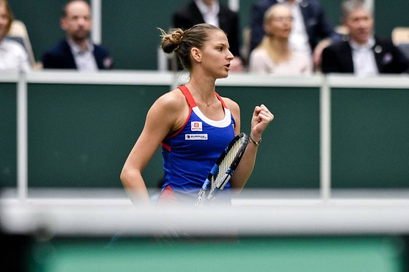 Fed Cup v Ostravě, 12. únor 2017, Karolína Plíšková (na snímku) porazila Garbiňe Muguruzaovou.