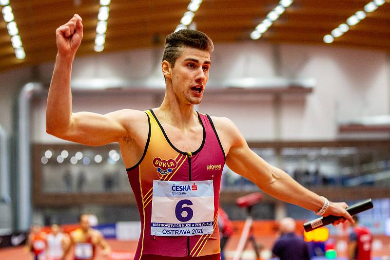 Halové mistrovství ČR mužů a žen v atletice, 23. února 2020 v Ostravě. Štafeta 4 x 200m muži David Ryba (TJ Dukla Praha).