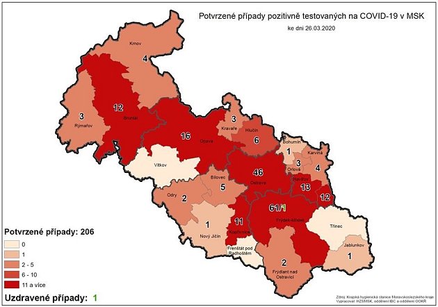 Mapa výskytu nákazy koronavirem v MS kraji.