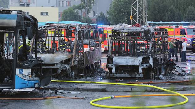 Požár autobusů MHD v Ostravě - Celkem 12 zaparkovaných autobusů poškodil 15. června 2019 večer požár v garážích Dopravního podniku Ostrava.