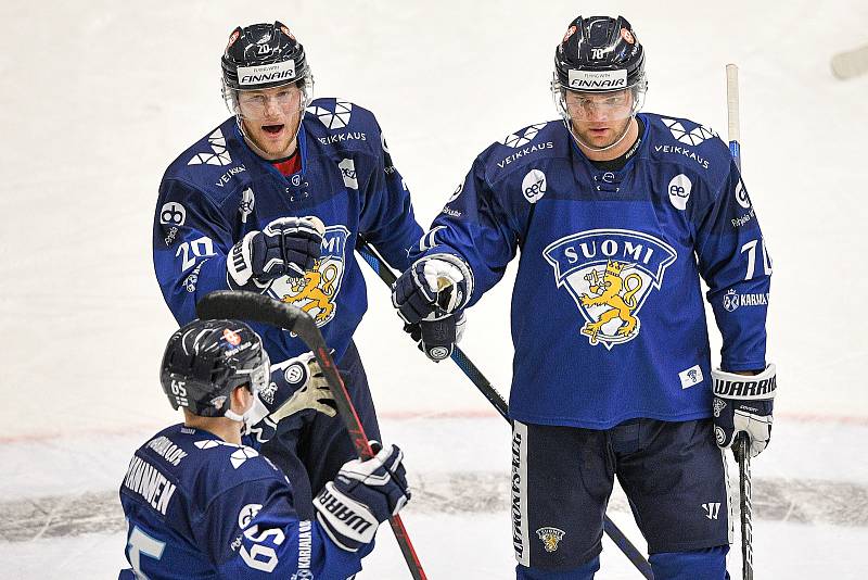 České hokejové hry, turnaj Euro Hockey Tour, utkání ČR - Finsko, 28. dubna 2022 v Ostravě. (zleva) Ojamaki Niko z Finska, Manninen Sakari z Finska, Hartikainen Teemu z Finska.