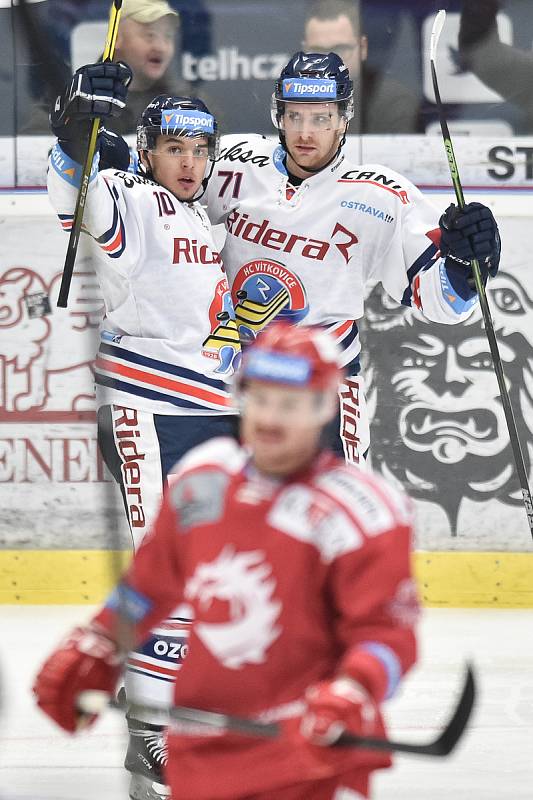 Utkání 34. kola hokejové extraligy: HC Vítkovice Ridera - HC Oceláři Třinec, 12. ledna 2019 v Ostravě. Na snímku (zleva) Jozef Baláž a Lukáš Kucsera.