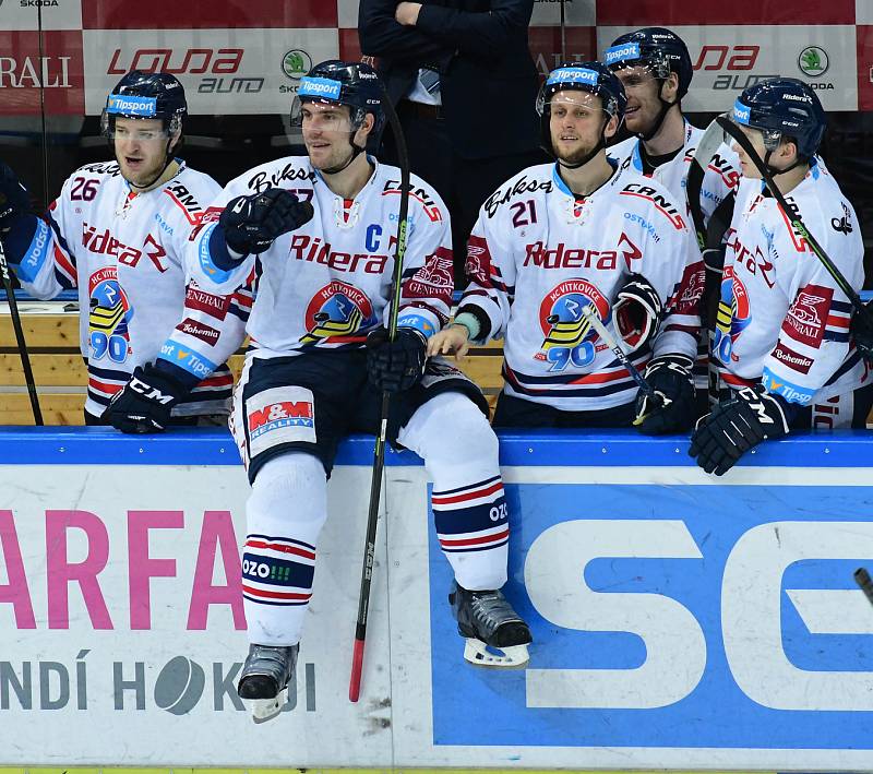 Utkání předkola play off hokejové extraligy - 4. zápas: HC Sparta Praha - HC Vítkovice Ridera, 15. března 2019 v Praze. Na snímku (zleva) David Květoň, Rostislav Olesz, Radoslav Tybor