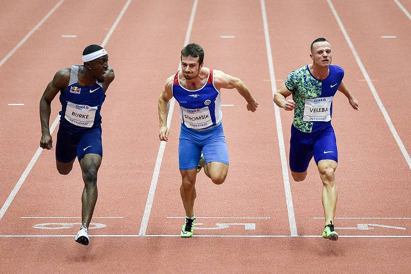 Mezinárodní halový atletický mítink Czech Indoor Gala 2020, 5. února 2020 v Ostravě. Běh 60m muži, (zleva) Mario Burke z Barbadosu, Zdeněk Stromšík z Česka a Jan Veleba z Česka.