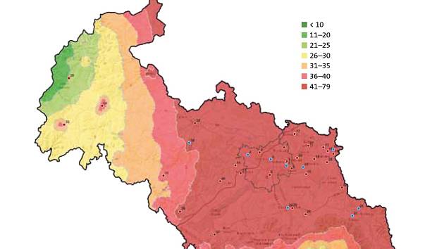 Odhad průměrných koncentrací PM10 v zimním období v Moravskoslezském kraji µg/m3.