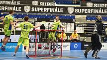 Superfinále play off florbalové superligy mužů: Technology florbal Mladá Boleslav - 1. SC TEMPISH Vítkovice, 14. dubna 2019 v Ostravě. Na snímku radost Vítkovic (Rýpar Josef, Brauer Marek a Hájek Lukáš.)