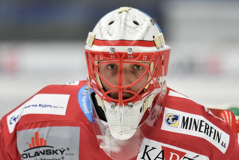 Utkání 34. kola hokejové extraligy: HC Vítkovice Ridera - HC Oceláři Třinec, 12. ledna 2019 v Ostravě. Na snímku brankář Třince Šimon Hrubec.