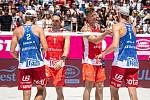 Turnaj Beach Pro Tour kategorie Elite v plážovém volejbalu, semifinále muži, 4. června 2023, Ostrava. (zleva) Christian Sandlie Sorum (NOR), Ondřej Perušič (CZE), David Schweiner (CZE) a Mol Anders Berntsen (NOR).