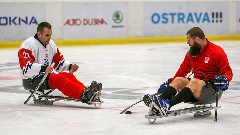 Tisková konference k Mistrovství světa v para hokeji 18. ledna 2019 v Ostravě. Na snímku para hokejista Frolík a Jan Výtisk z Vítkovic.