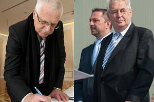 Na snímku prezident Václav Klaus (vlevo) a současný prezident Miloš Zeman.