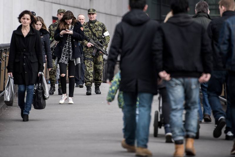 Společné hlídky vojáků a policistů v ulicích Ostravy i dalších měst České republiky se objevily například v reakci na teroristické útoky v Bruselu. Ilustrační foto.
